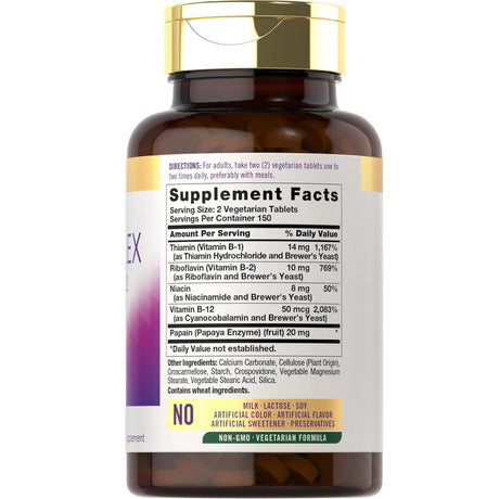 Tabla nutricional del suplemento Carlyle Complejo B + Vitamina B-12 300 Tabletas