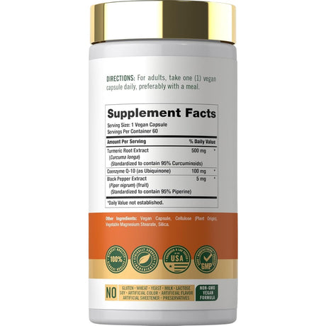 Tabla nutricional del suplemento Carlyle Cúrcuma con CoQ10 y Pimienta Negra 60 cápsulas