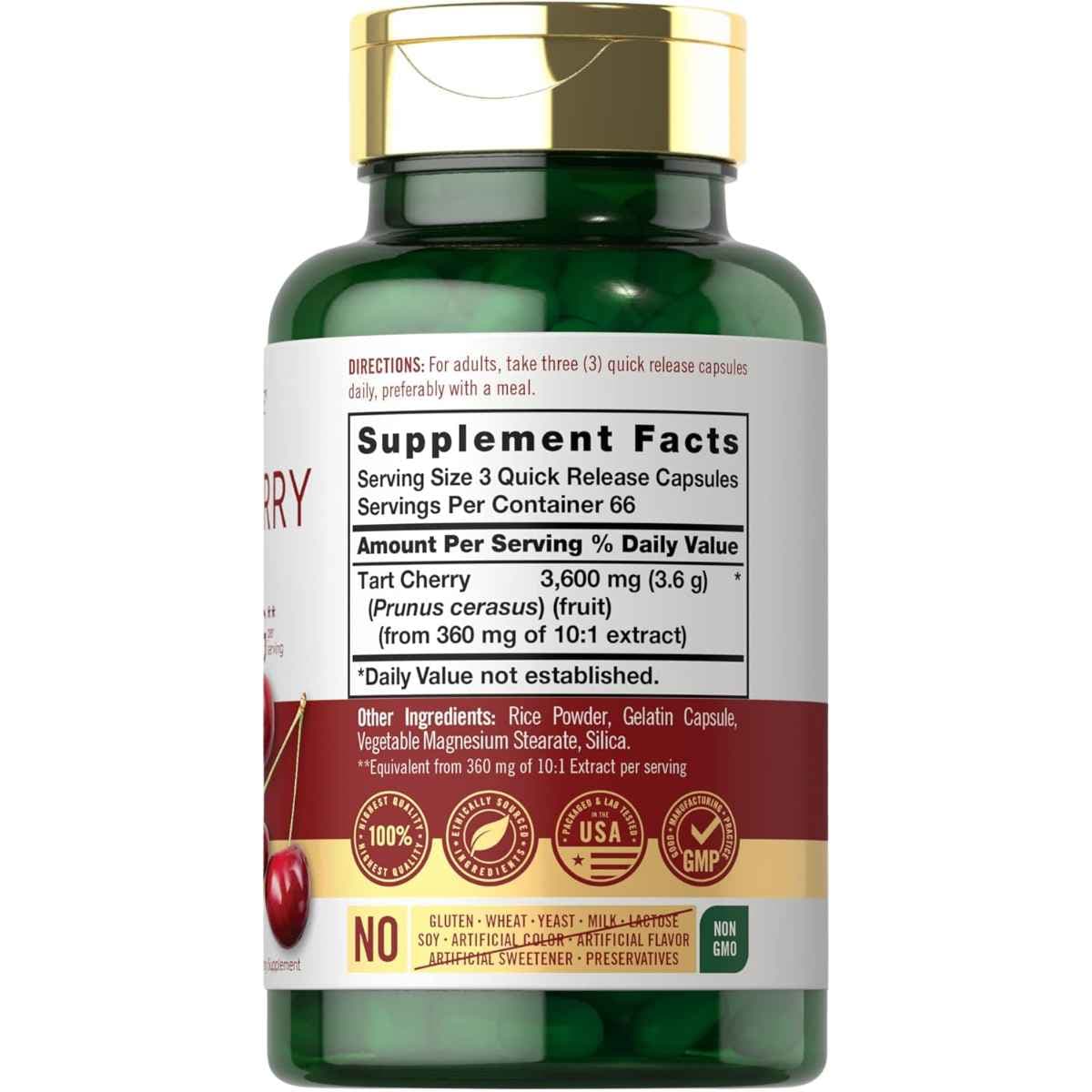 Tabla nutricional del suplemento Carlyle Extracto de Cereza 3600 mg 200 cápsulas