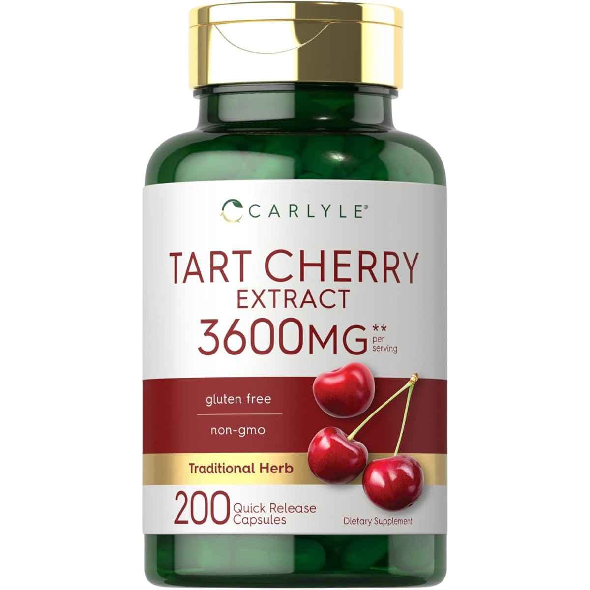 Frasco de suplemento Carlyle Extracto de Cereza 3600 mg 200 cápsulas