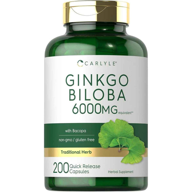 Frasco de suplemento Carlyle Ginkgo Biloba 6000 mg 200 cápsulas