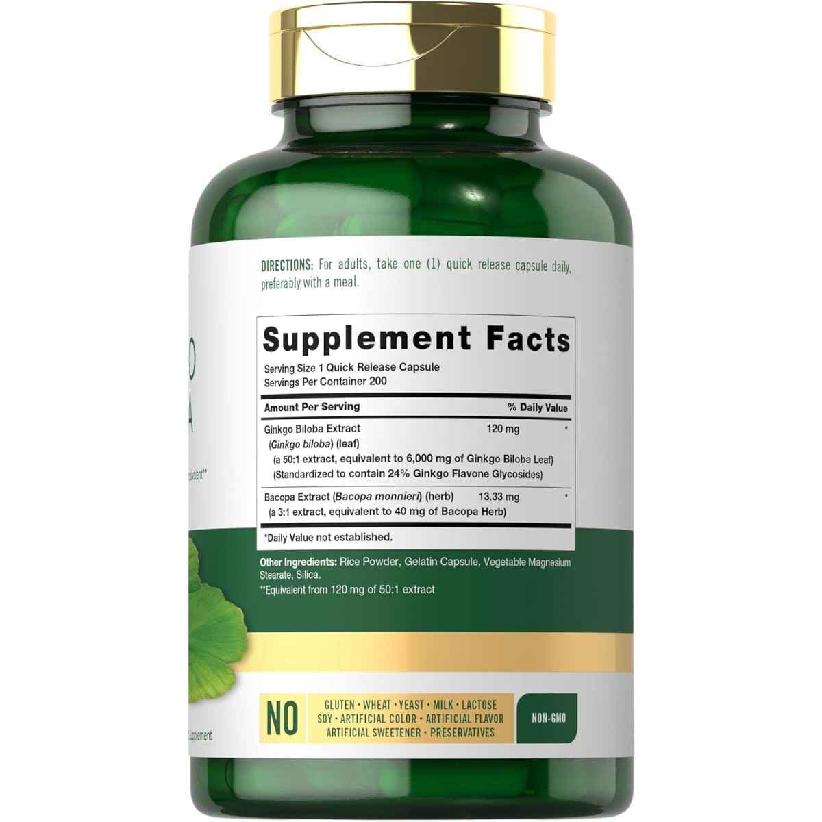 Tabla nutricional del suplemento Carlyle Ginkgo Biloba 6000 mg 200 cápsulas