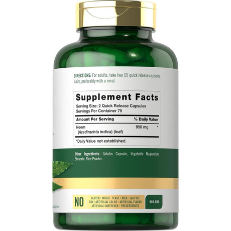 Tabla nutricional del suplemento Carlyle Hoja de Nim 150 Cápsulas