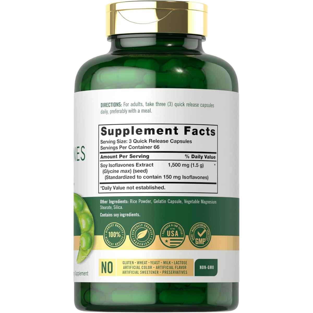 Etiqueta con información del suplemento Carlyle Extracto de Isoflavonas de Soya 1500 mg 200 Cápsulas