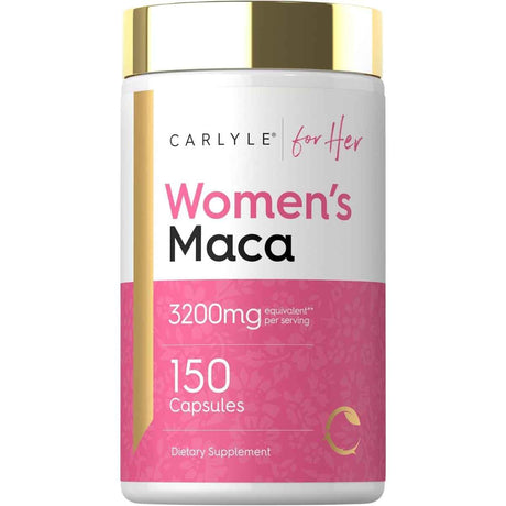 Frasco frontal de Carlyle maca para mujeres, extracto 4:1, presentación de 150 cápsulas