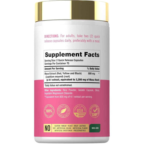 Información del suplemento de Carlyle maca para mujeres con extracto 4:1, ingredientes y modo de uso