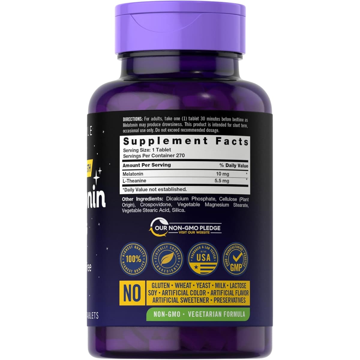 Tabla nutricional del suplemento Carlyle Melatonina 10 mg 270 tabletas