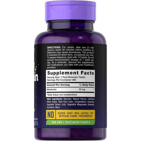 Tabla nutricional del suplemento Carlyle Melatonina Sabor a Bayas 12 mg 300 tabletas de disolución rápida
