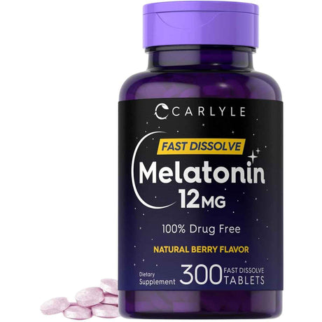Frasco de suplemento Carlyle Melatonina Sabor a Bayas 12 mg 300 tabletas de disolución rápida