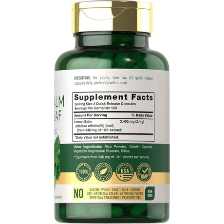 Tabla nutricional del suplemento Carlyle Melisa 2400 mg 200 cápsulas