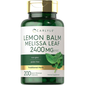Frasco de suplemento Carlyle Melisa 2400 mg 200 cápsulas