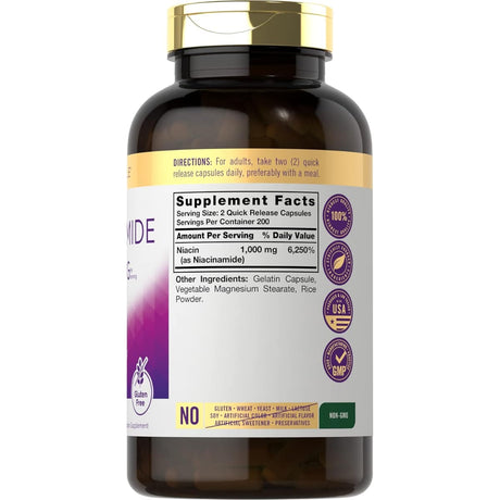 Tabla nutricional del suplemento Carlyle Niacinamida 1000 mg 400 cápsulas