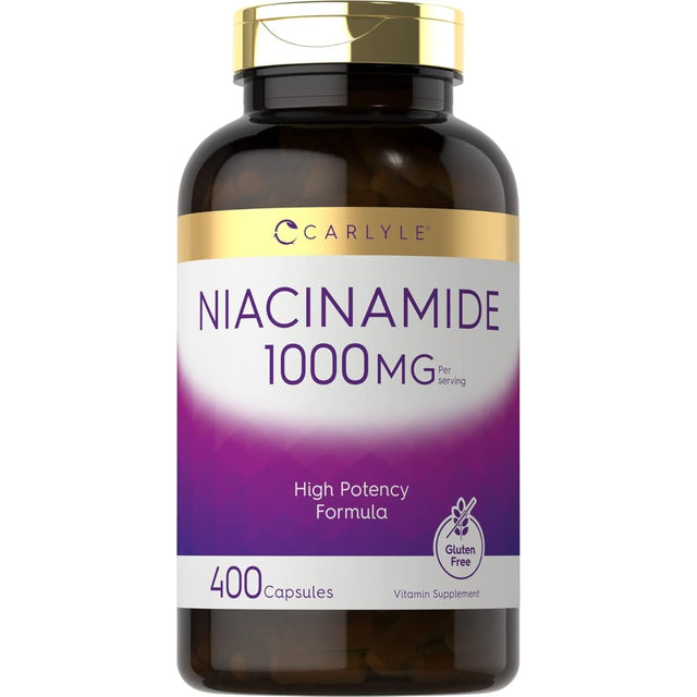 Frasco de suplemento Carlyle Niacinamida 1000 mg 400 cápsulas