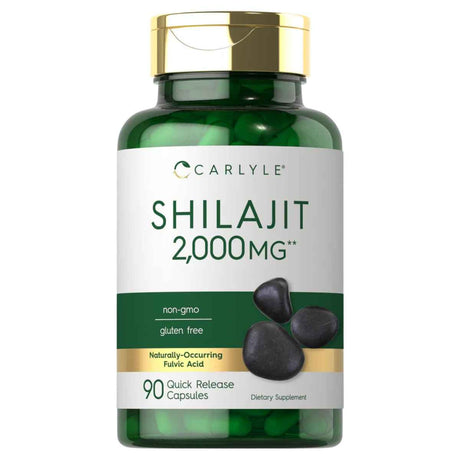 Frasco de suplemento Carlyle Shilajit 2000 mg 90 cápsulas