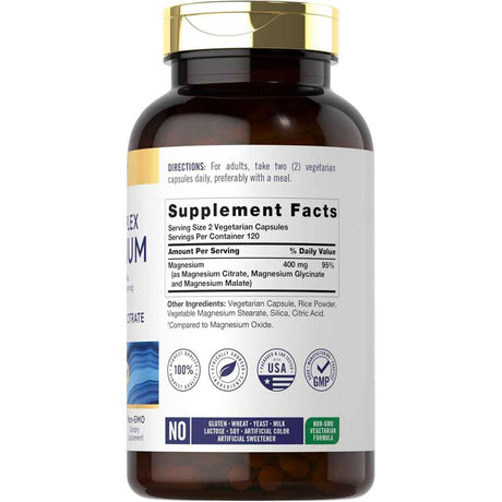 Tabla nutricional del suplemento Carlyle Triple Complex Magnesium 400 mg 240 cápsulas vegetarianas