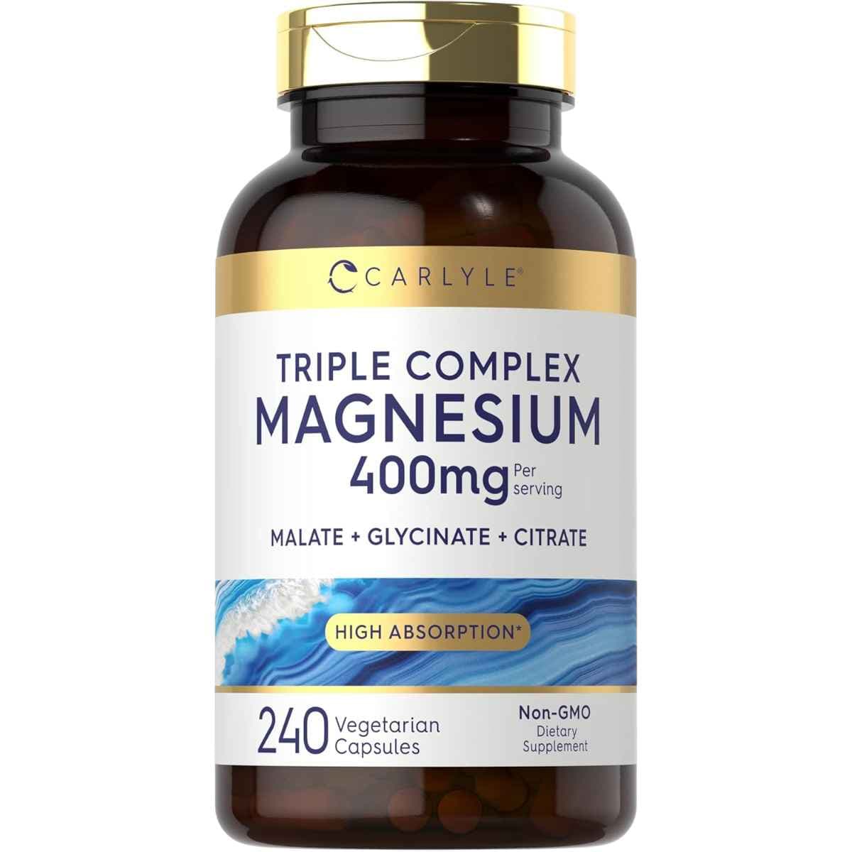 Frasco de suplemento Carlyle Triple Complex Magnesium 400 mg 240 cápsulas vegetarianas