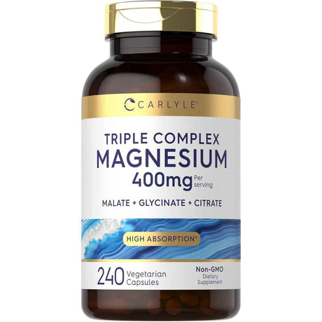 Frasco de suplemento Carlyle Triple Complex Magnesium 400 mg 240 cápsulas vegetarianas