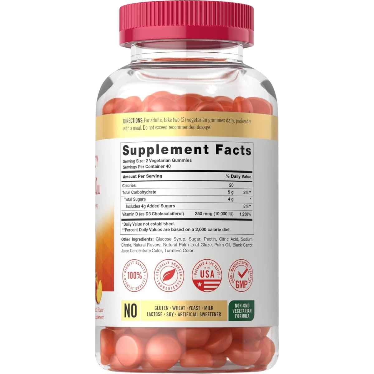 Tabla nutricional del suplemento Carlyle Vitamina D3 10.000 UI 80 gomitas