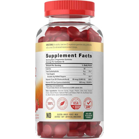 Tabla nutricional del suplemento Carlyle Vitamina D3 + B12 Fresa 90 gomitas