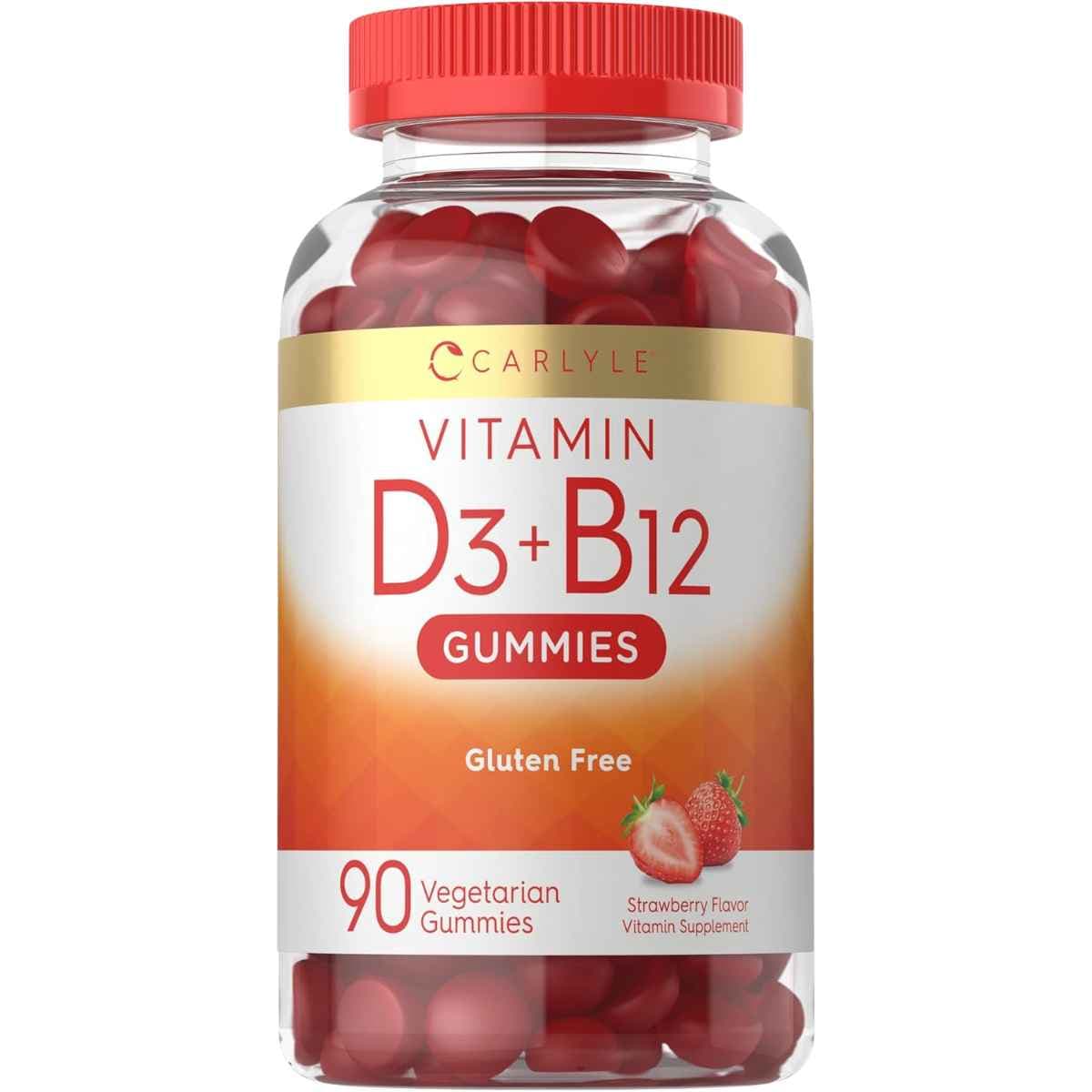 Frasco de suplemento Carlyle Vitamina D3 + B12 Fresa 90 gomitas