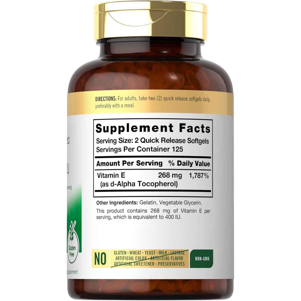 Tabla nutricional del suplemento Carlyle Vitamina E 400 UI 250 cápsulas blandas