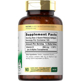 Tabla nutricional del suplemento Carlyle Vitamina E 400 UI 250 cápsulas blandas