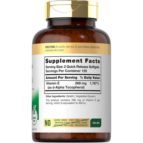 Tabla nutricional del suplemento Carlyle Vitamina E 400 UI 250 cápsulas blandas