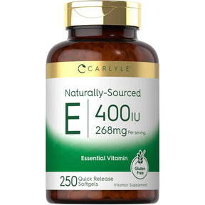 Frasco de suplemento Carlyle Vitamina E 400 UI en presentaciones de 250 cápsulas blandas