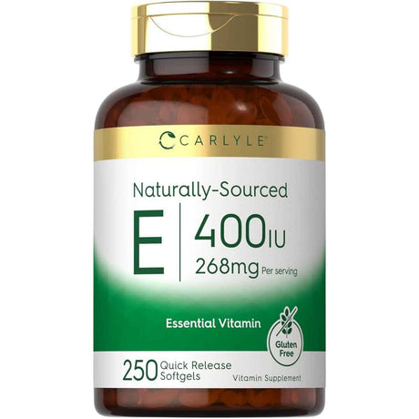 Frasco de suplemento Carlyle Vitamina E 400 UI en presentaciones de 250 cápsulas blandas