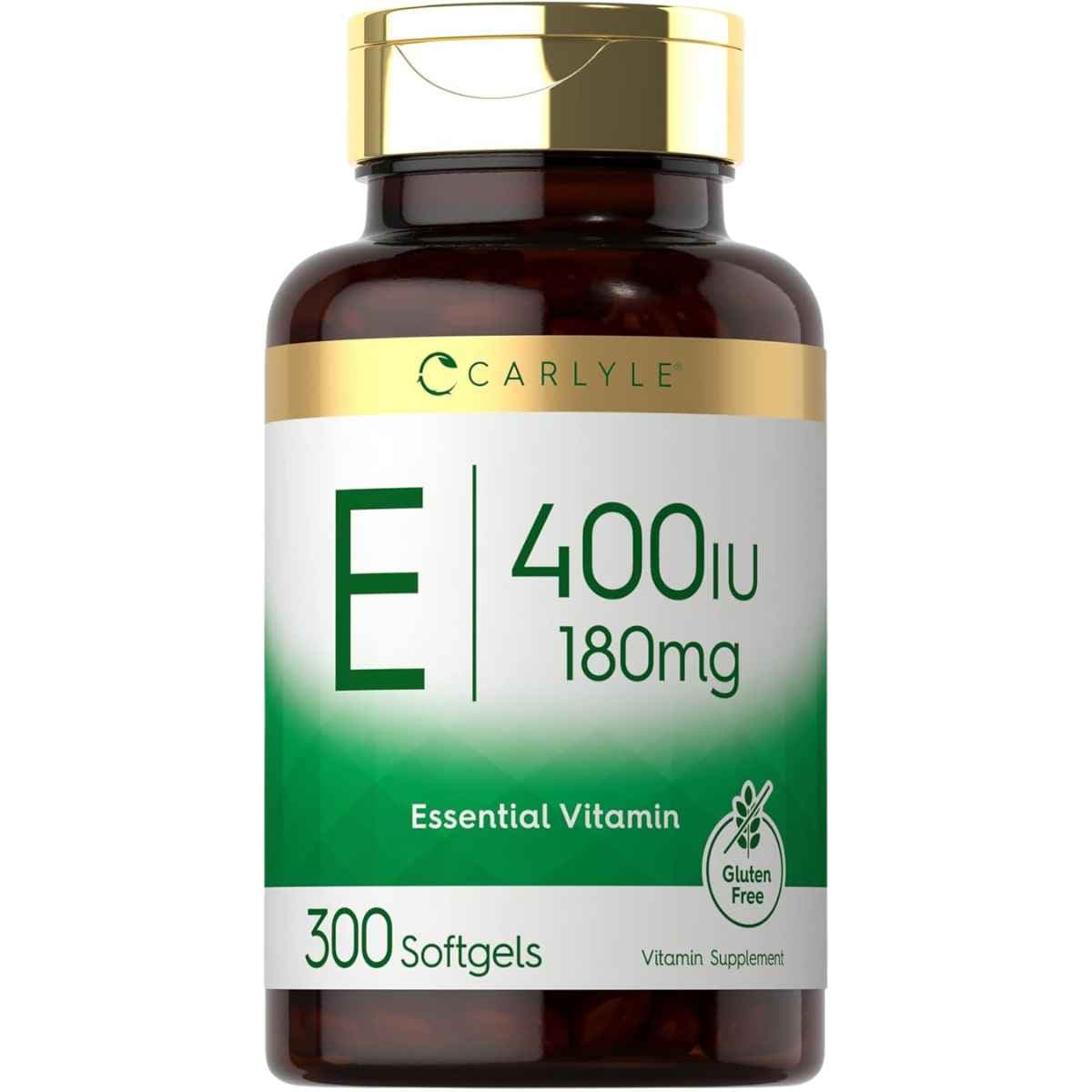 Frasco de suplemento Carlyle Vitamina E 400 UI en presentaciones de 300 cápsulas blandas