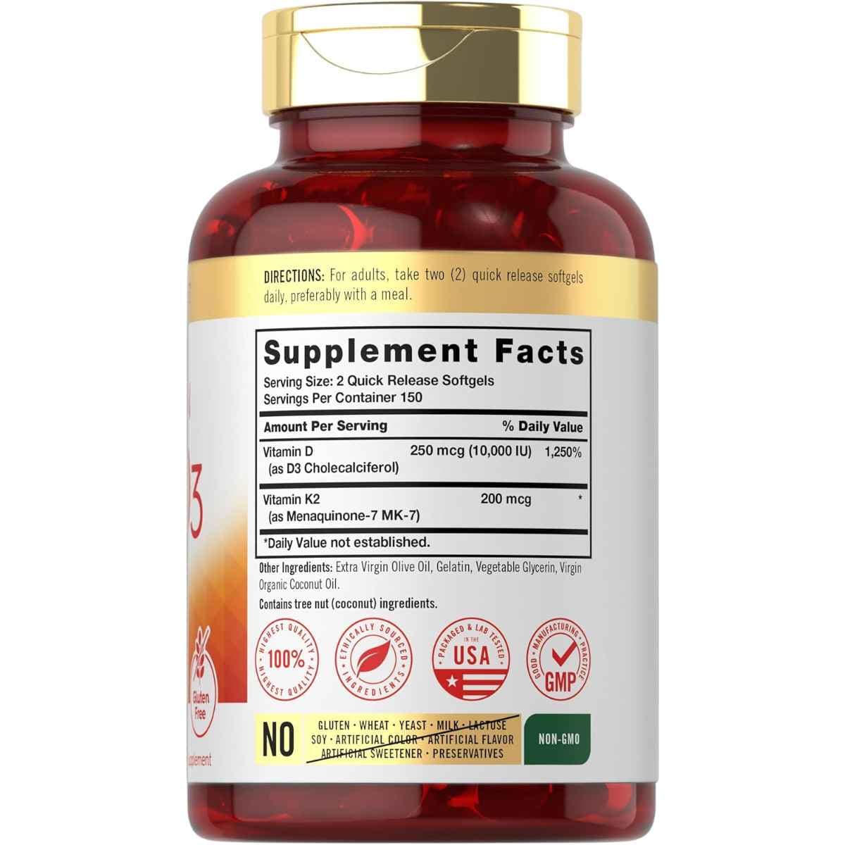 Tabla nutricional del suplemento Carlyle Vitamina K2 + D3 300 cápsulas blandas