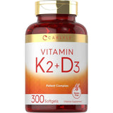 Frasco de suplemento Carlyle Vitamina K2 + D3 300 cápsulas blandas