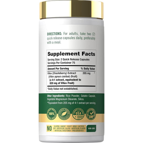 Información del suplemento de Carlyle vitex sauzgatillo 820 mg equivalente por porción, 150 cápsulas