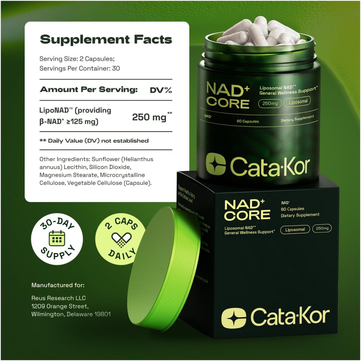 Etiqueta de suplemento de Cata-Kor NAD+ CORE con información de porción, ingredientes y presentación