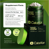 Etiqueta de suplemento de Cata-Kor NAD+ CORE con información de porción, ingredientes y presentación