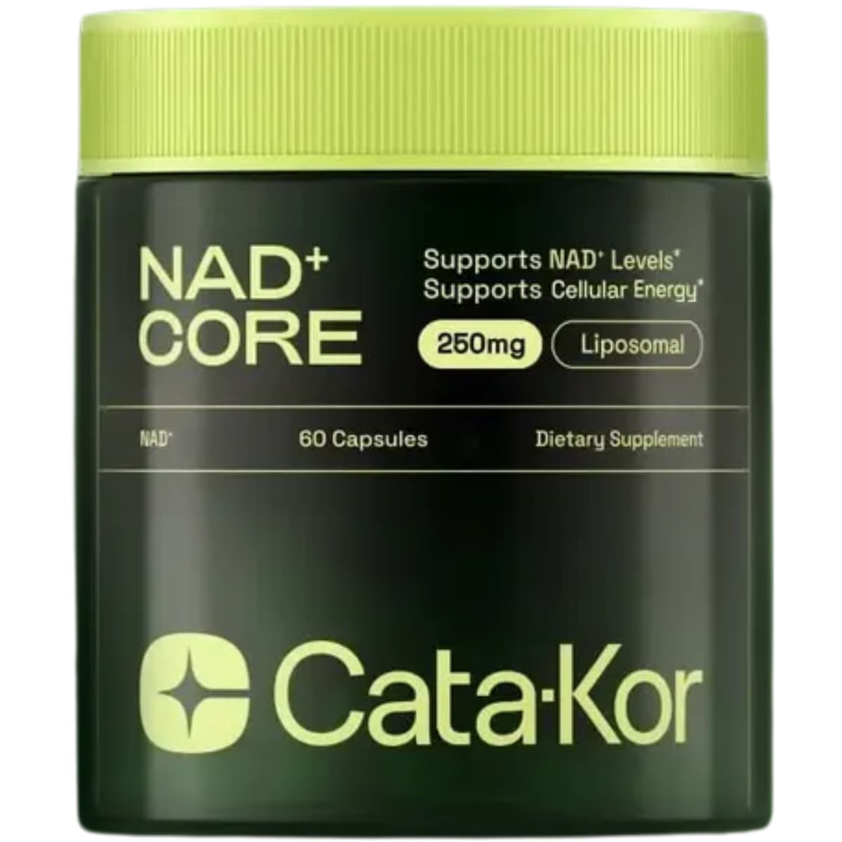 Frasco frontal de Cata-Kor NAD+ CORE, suplemento de NAD+ liposomal en presentación de 60 cápsulas