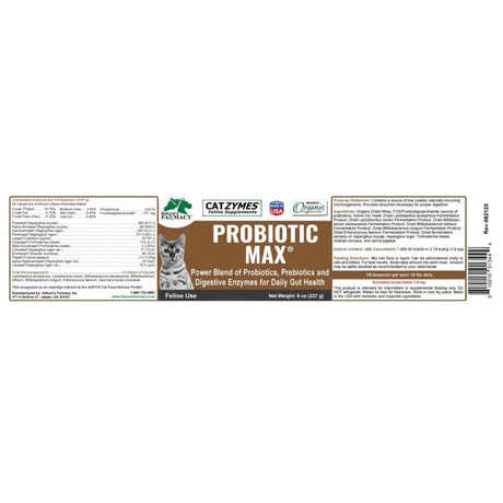 Etiqueta de Catzymes Probiótico Max 227 g con análisis garantizado e instrucciones