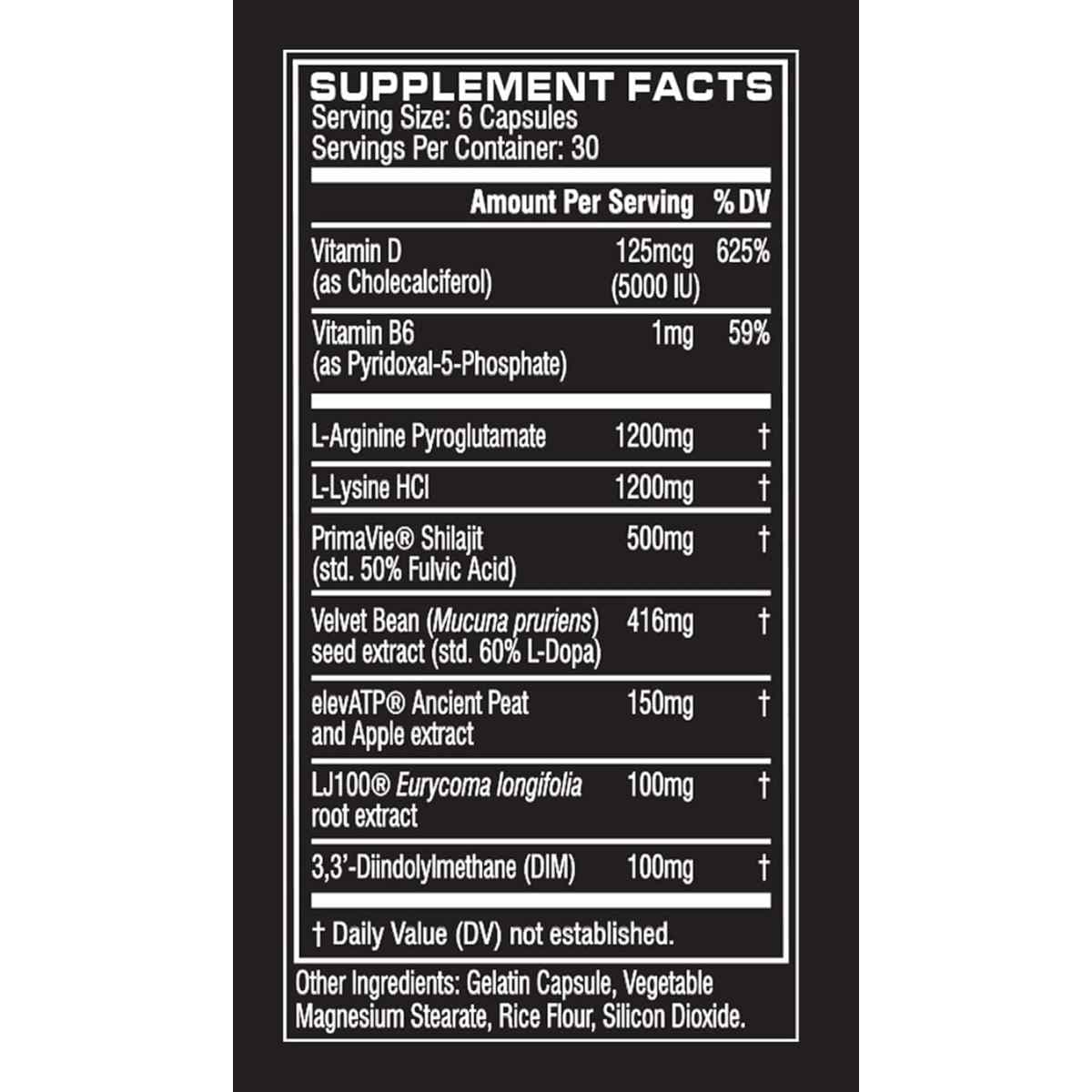 Tabla nutricional del suplemento Cellucor P6 Ultimate GH 180 cápsulas