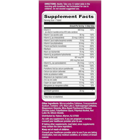 Tabla nutricional del suplemento Centrum Multivitamínico Menopausia 30 tabletas