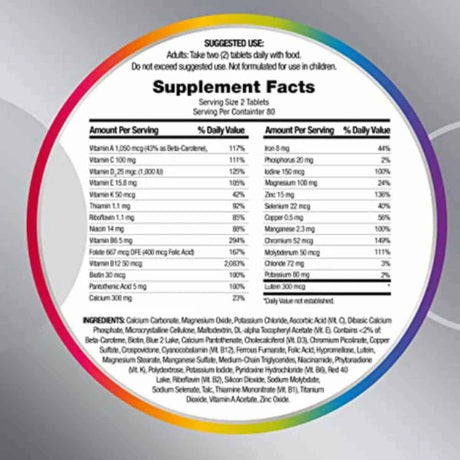 Tabla nutricional del suplemento Centrum Multivitamínico Minis para Mujer 280 tabletas