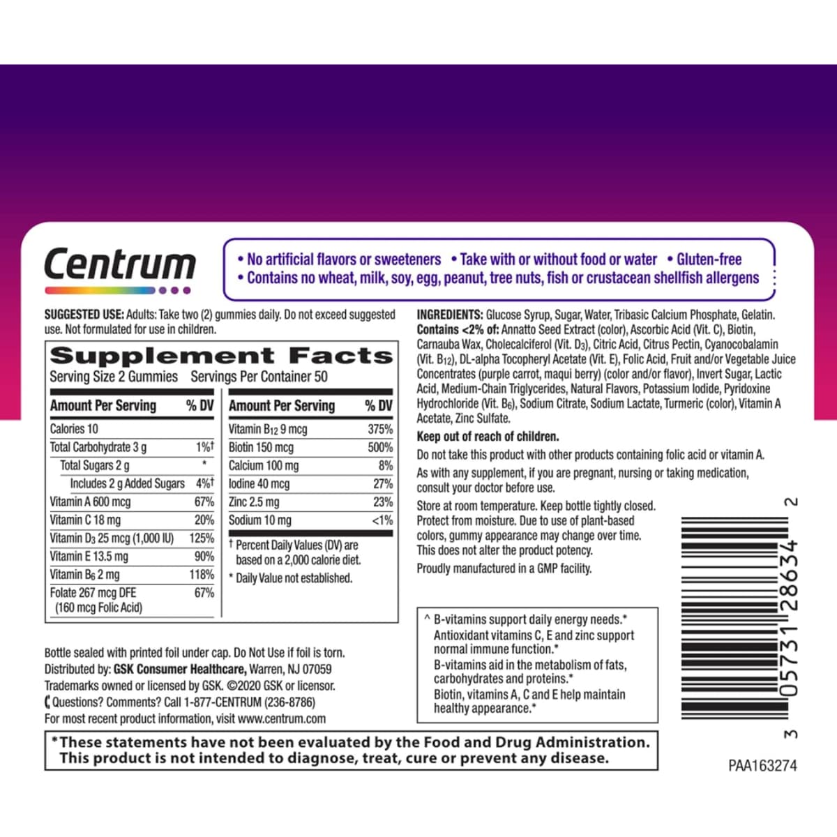 Tabla nutricional del suplemento Centrum Multivitamínico para Mujeres Frutas Surtidas 100 gomitas
