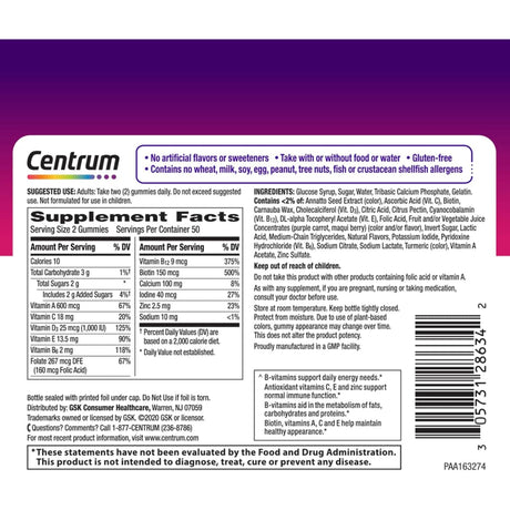Tabla nutricional del suplemento Centrum Multivitamínico para Mujeres Frutas Surtidas 100 gomitas
