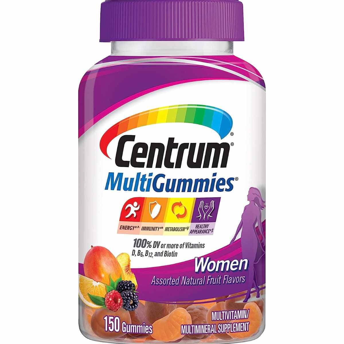 Frasco de suplemento Centrum Multivitamínico para Mujeres Frutas Surtidas 150 gomitas