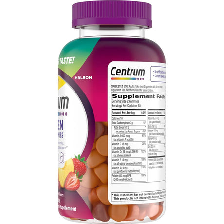 Tabla nutricional del suplemento Centrum Multivitamínico para Mujeres Frutas Surtidas 170 gomitas