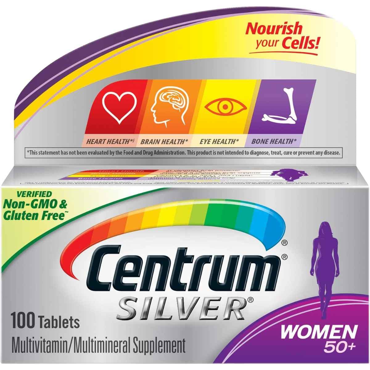 Frasco de suplemento Centrum Multivitamínico Silver Mujeres 50+ 100 tabletas