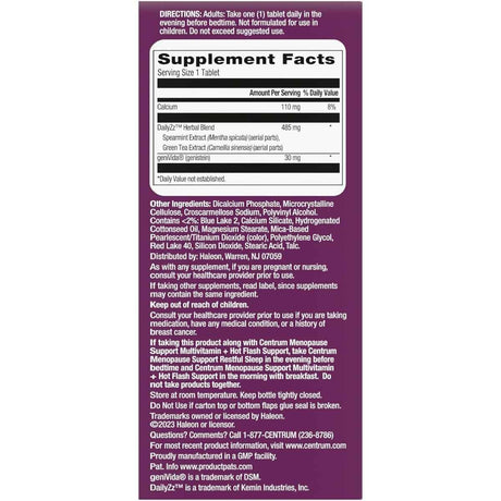 Tabla nutricional del suplemento Centrum Soporte para Menopausia Sueño Reparador 28 Tabletas