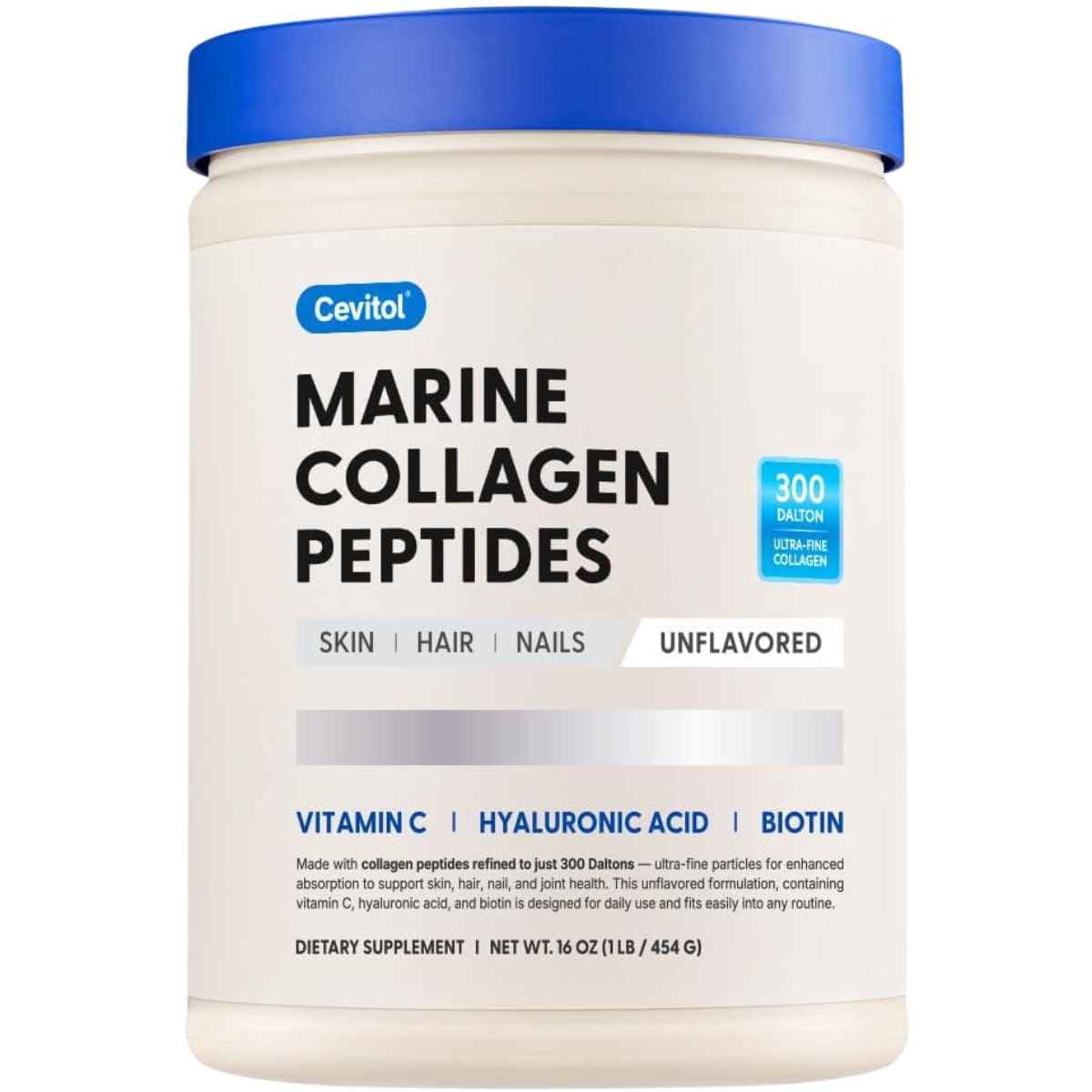 Frasco frontal de Cevitol Colágeno Marino en polvo sin sabor, presentación de 454 g