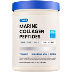 Frasco frontal de Cevitol Colágeno Marino en polvo sin sabor, presentación de 454 g