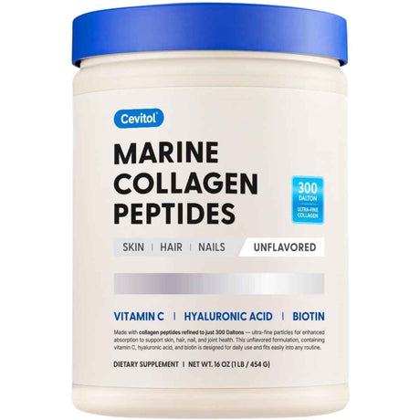 Frasco frontal de Cevitol Colágeno Marino en polvo sin sabor, presentación de 454 g