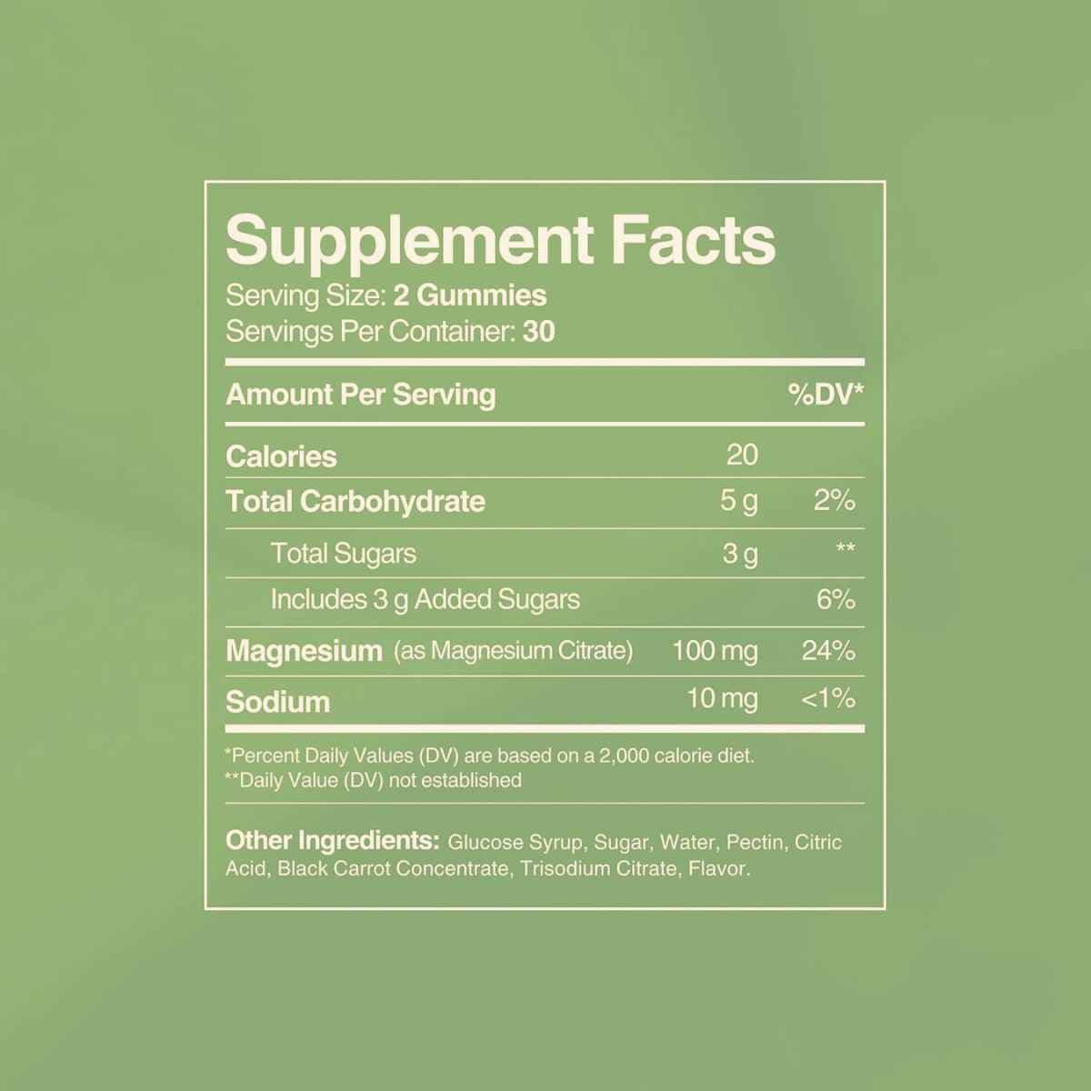 Etiqueta Supplement Facts del magnesio en gomitas Chapter One sabor frambuesa de 60 gomitas